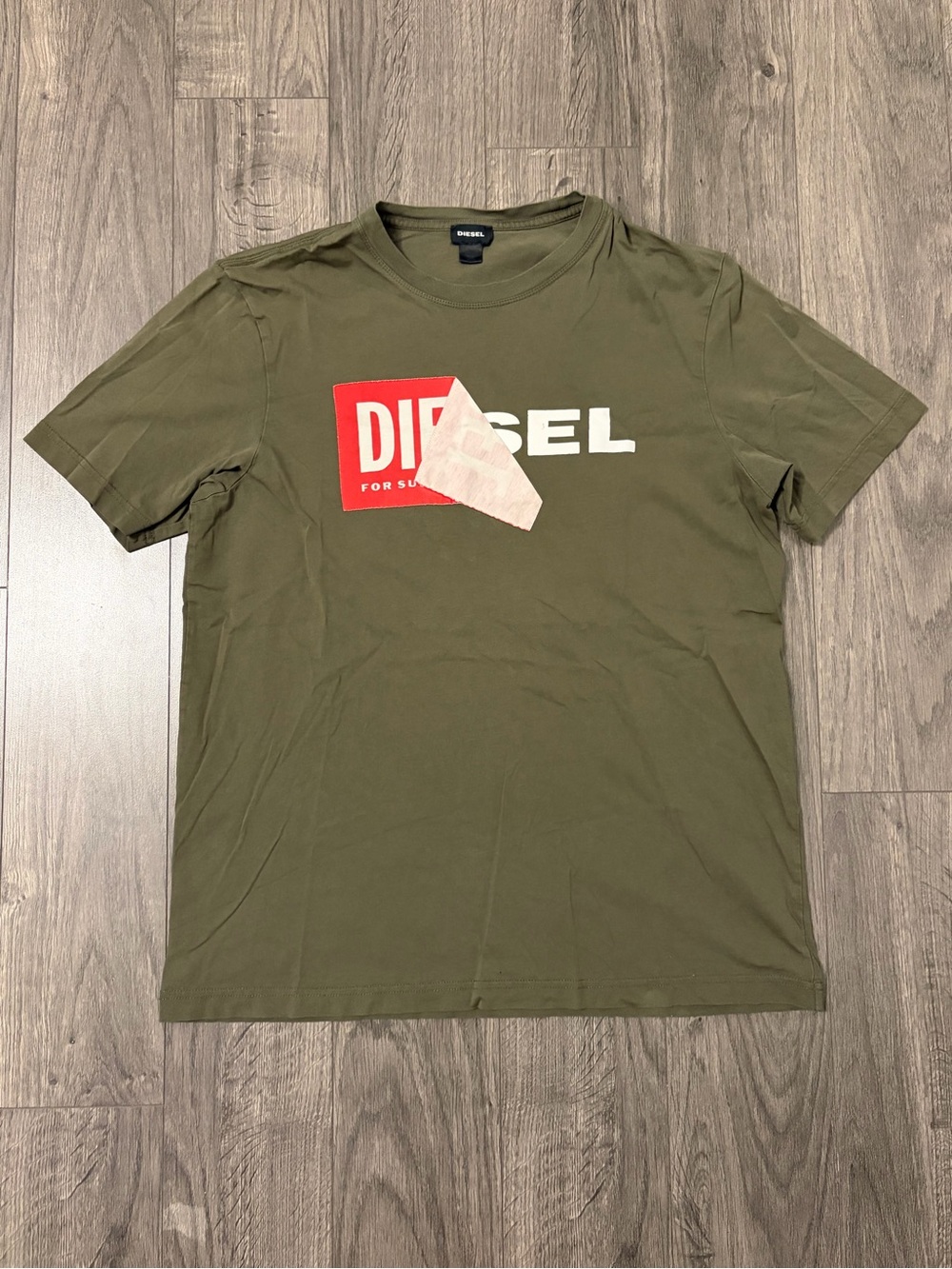 Diesel Olive Green Short-Sleeve Logo Tee with Red Accent
